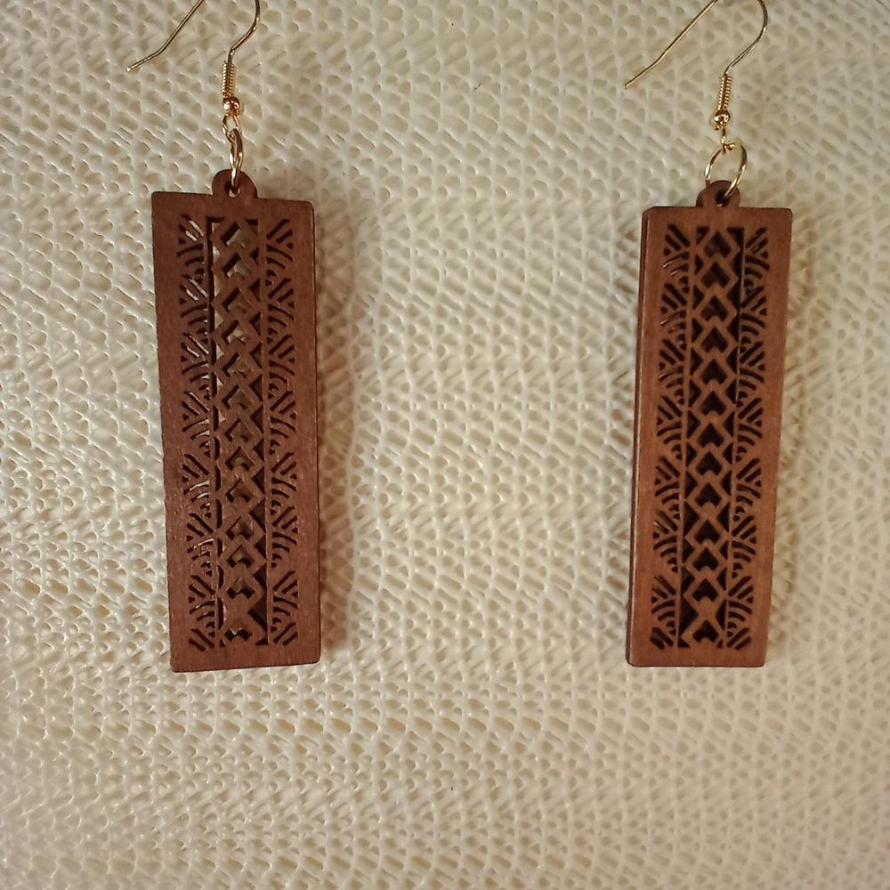 BOHO BROWN WOODEN Bohemian Rectangle Drop Laser Cut 3.5" Earrings